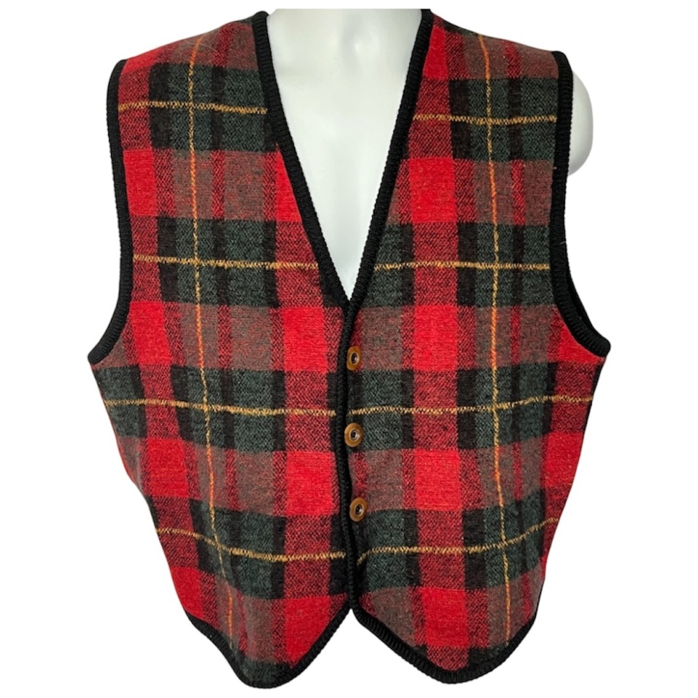 Structure Sweater Vest Size S Tartan Plaid Red Green Button Up 100% Wool Vintage